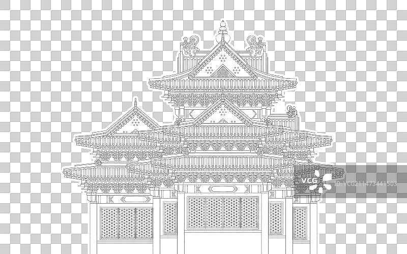 故宫角楼插画，填色线稿，中国画工笔画白描，贴纸免扣元素设计素材图片素材