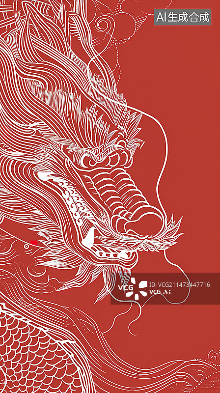 【AI数字艺术】红色背景上的龙图腾图片素材