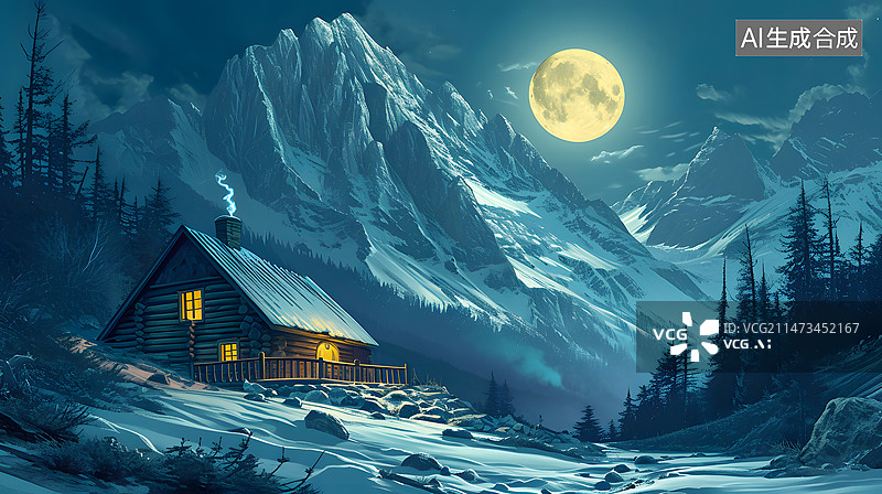 【AI数字艺术】AIGC:冬天的夜晚，山谷中的小木屋点燃一盏灯 背景 插图 插画图片素材