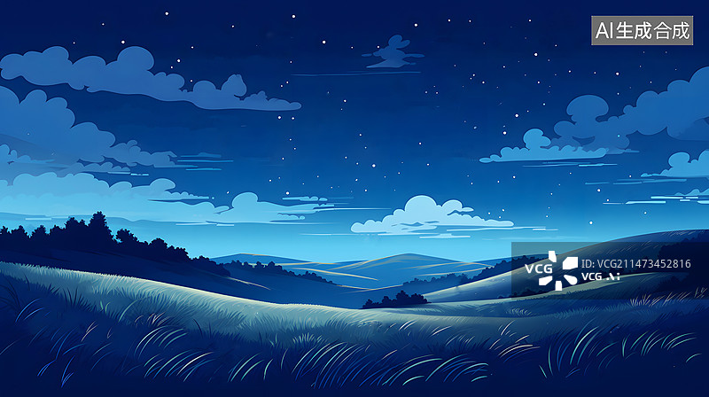 【AI数字艺术】AIGC：夜晚，星空下的草地 背景插图插画图片素材