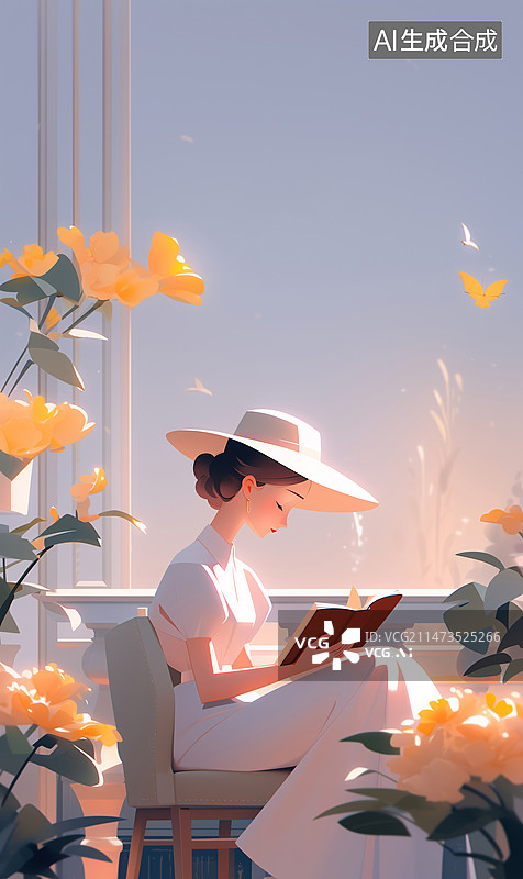 【AI数字艺术】一位知性美女戴着帽子在阳台上看书3D插画图片素材