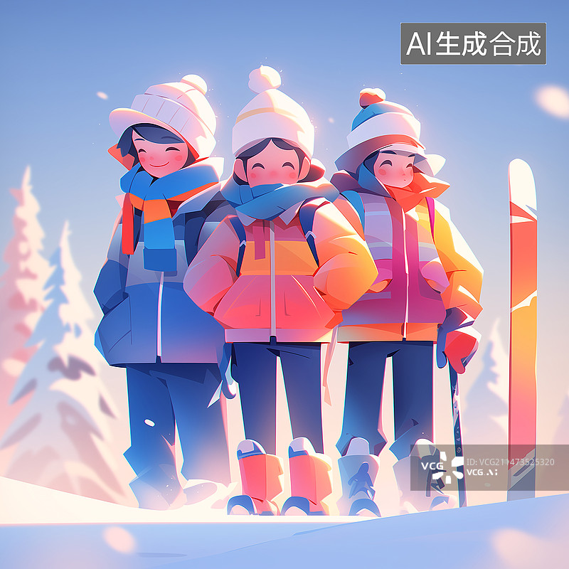 【AI数字艺术】三位儿童穿戴滑雪装备站在雪地上准备滑雪冬季运动插画图片素材