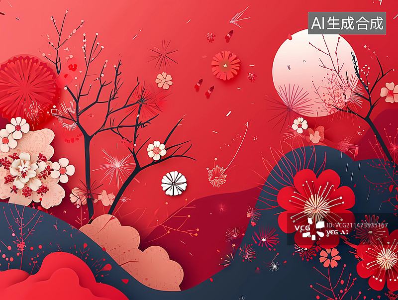 【AI数字艺术】中国风极简插画——喜庆中国红与各色传统花卉图片素材