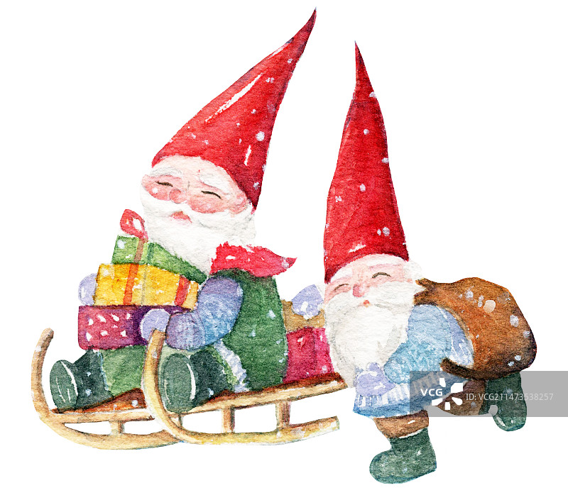 水彩手绘插画圣诞老人拿着礼物在雪橇上图片素材