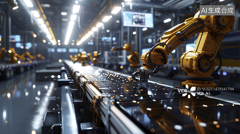 【AI数字艺术】现代明亮工厂的工业机器人太阳能生产线。太阳能电池板正在输送机上组装。自动化制造设施。图片素材