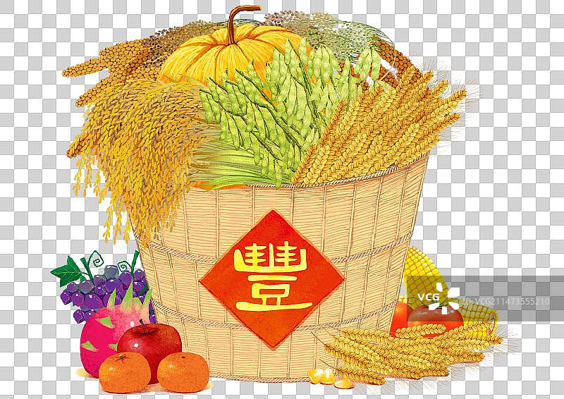 png免抠插画元素  秋收了，丰收了!箩筐里装满粮食图片素材