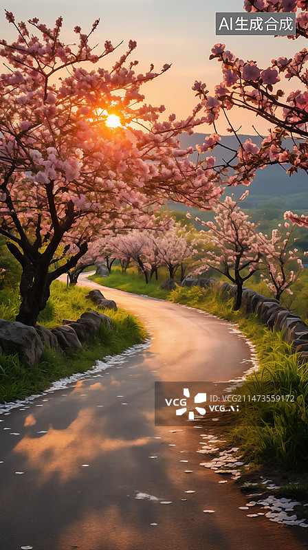 【AI数字艺术】公园里的樱花，公路两旁的桃花树，春天，春天背景，背景图片素材