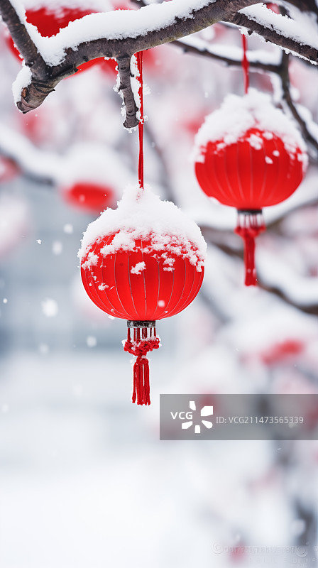 中国传统节日春节红灯笼挂在树枝上白雪特写镜头配图封面图片素材