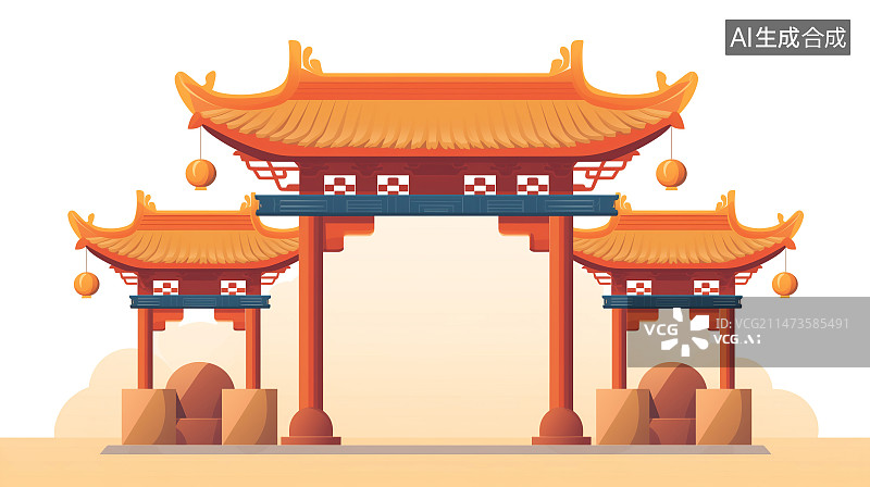 【AI数字艺术】极简古代建筑牌坊门楼插画图片素材