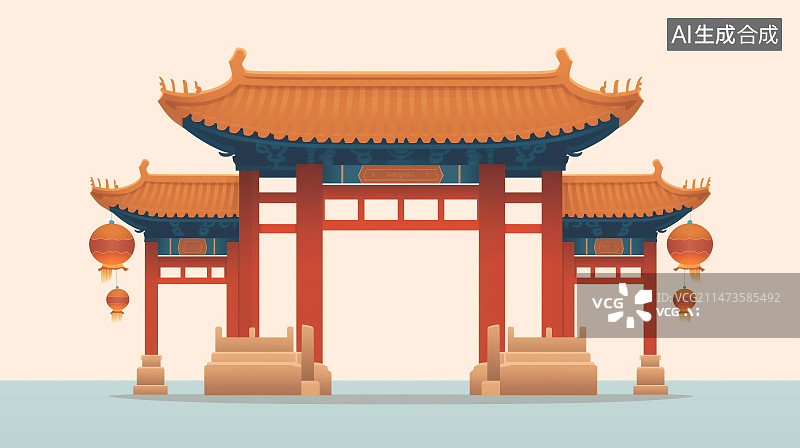 【AI数字艺术】极简古代建筑牌坊门楼插画图片素材