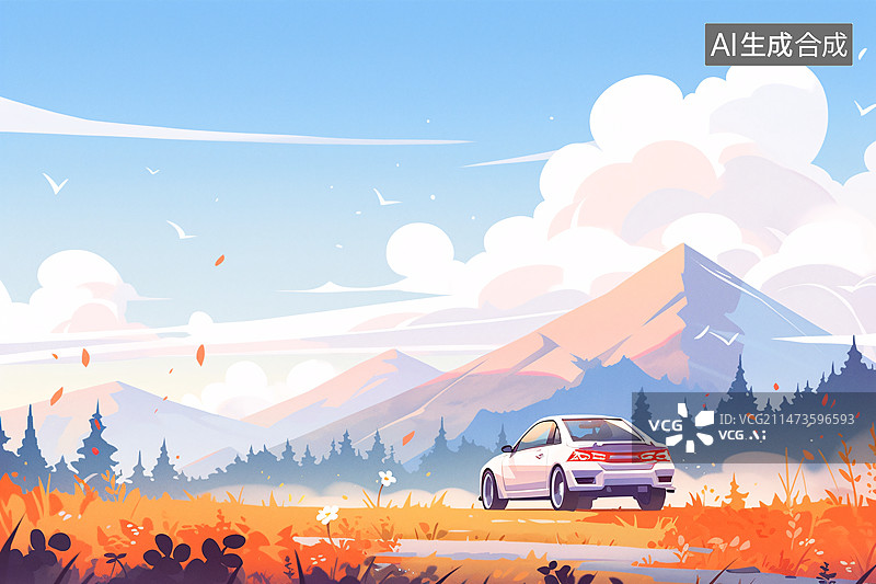 【AI数字艺术】放假自驾游快乐旅行插画，户外旅游场景概念插图图片素材