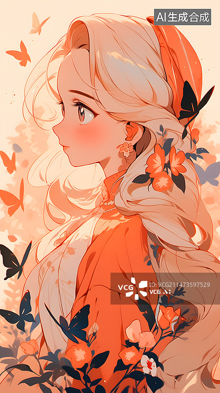 【AI数字艺术】美丽的女孩穿橙色衣服长头发卡通漫画图片素材