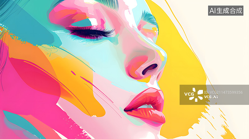 【AI数字艺术】色块组成的美女头像插画，美容美发概念图图片素材