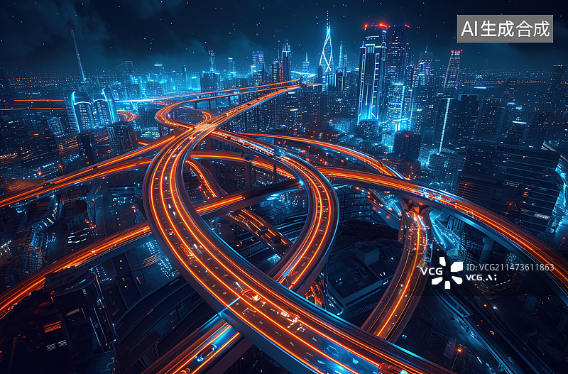 【AI数字艺术】城市风光地标建筑高架夜景图片素材