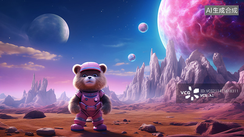 【AI数字艺术】可爱的泰迪熊在外星球上探险图片素材
