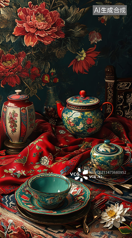 【AI数字艺术】放在桌子上的茶壶和茶杯图片素材