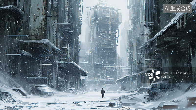 【AI数字艺术】降雪时人们在雪地上行走的后视图图片素材