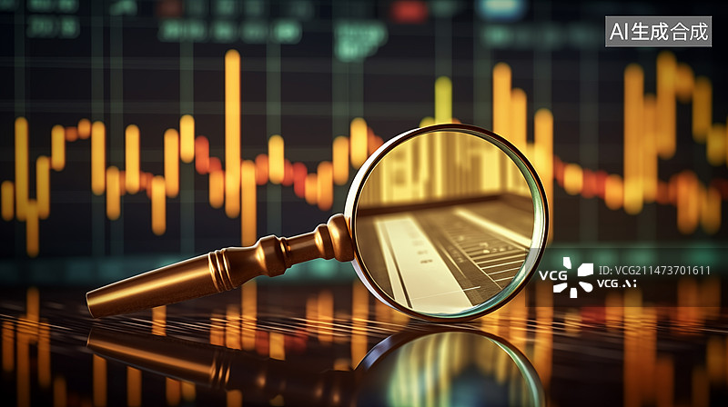 【AI数字艺术】放大镜和股市数据的特写镜头图片素材