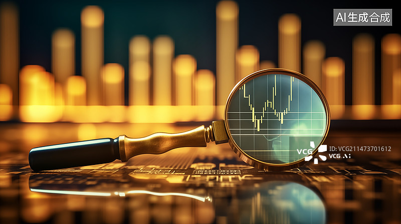 【AI数字艺术】放大镜和股市数据的特写镜头图片素材