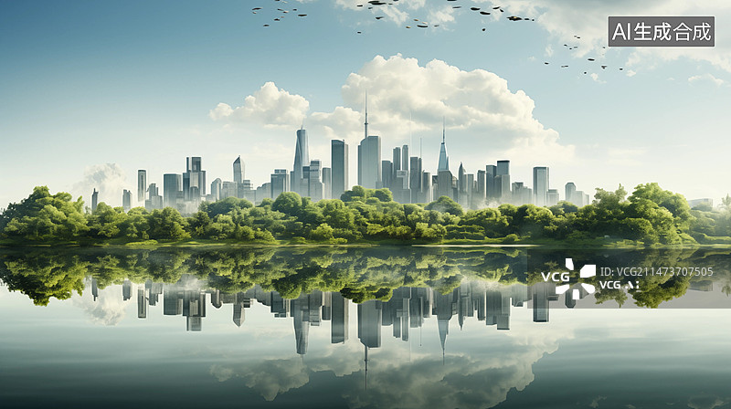 【AI数字艺术】城市倒映在湖面上，城市风光全景天际线，绿色环保城市图片素材