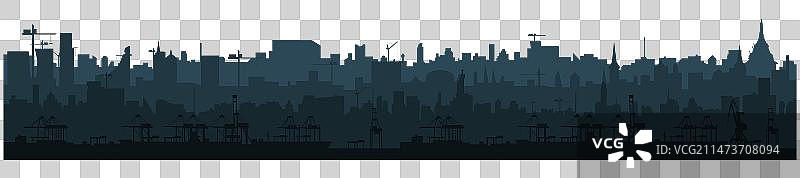 城市天际线剪影与货运港口图片素材