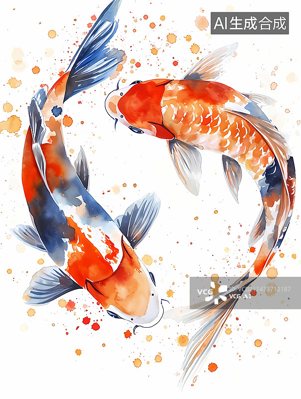 【AI数字艺术】水彩风插画——两条锦鲤（年年有余）图片素材