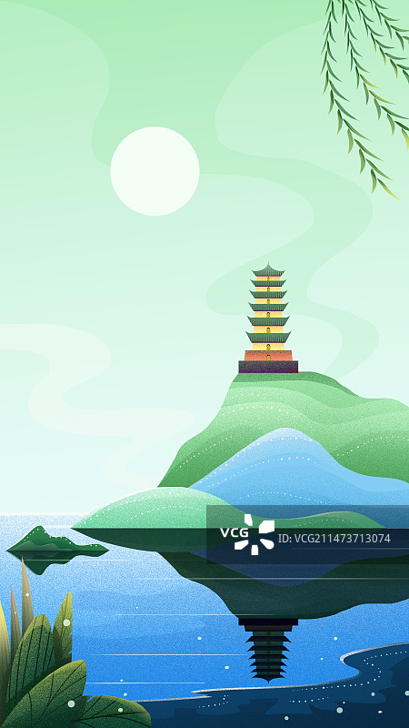 手绘扁平风插画春天山水宝塔绿色清新图片素材