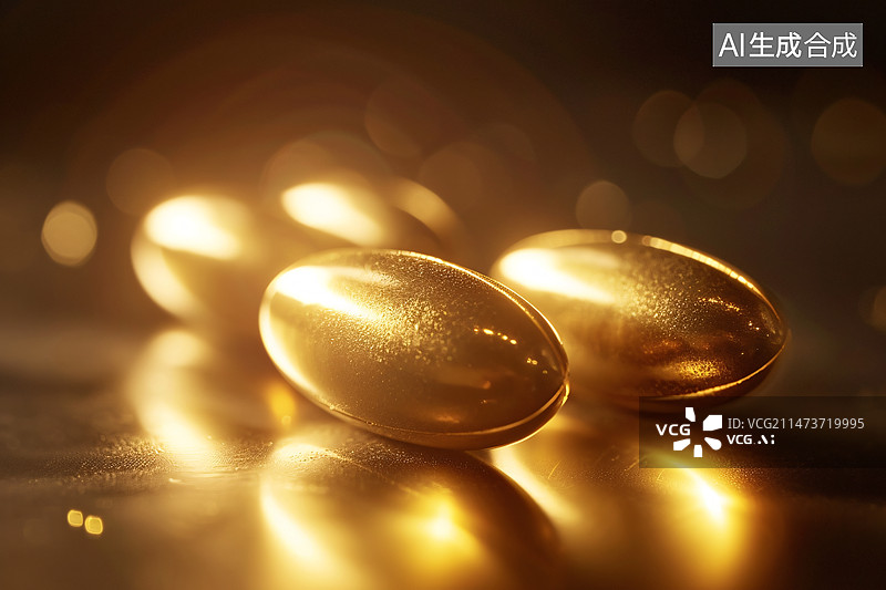 【AI数字艺术】金色胶囊药物维生素D补充剂，鱼油。医疗和健康概念插图图片素材