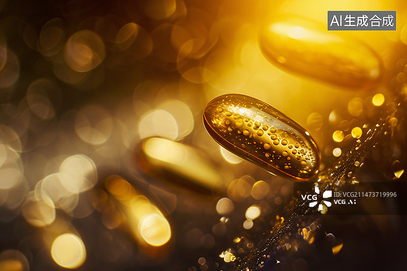 【AI数字艺术】金色胶囊药物维生素D补充剂，鱼油。医疗和健康概念插图图片素材