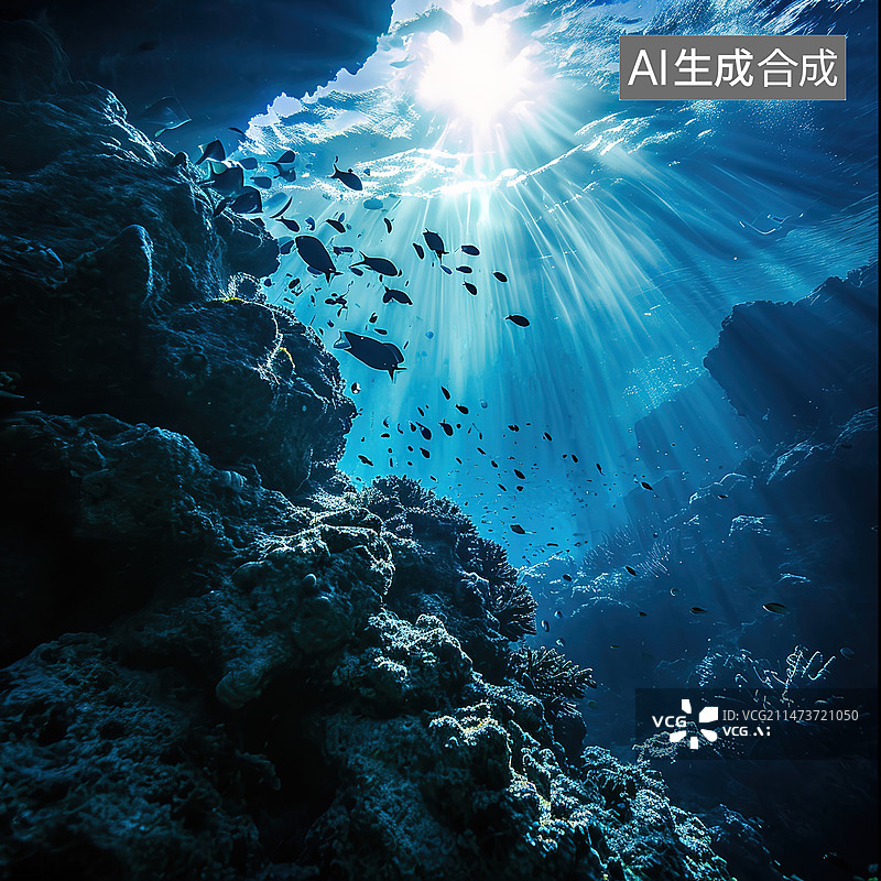 【AI数字艺术】蓝色的深海海底插图图片素材