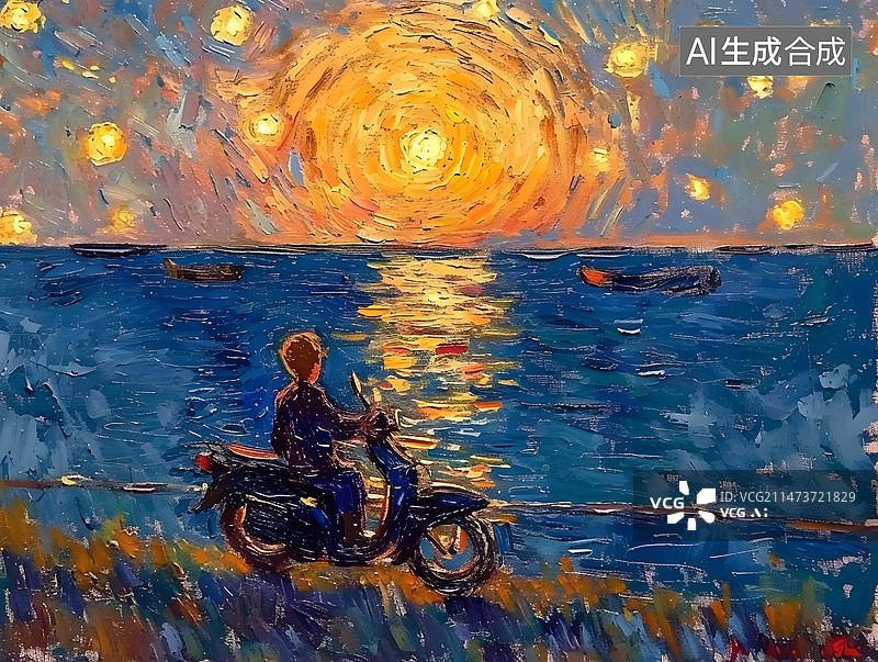 【AI数字艺术】梵高画风海边日落下的少年和机车图片素材