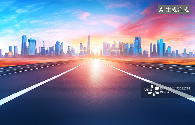 【AI数字艺术】早晨阳光照耀城市公路路面背景图片素材