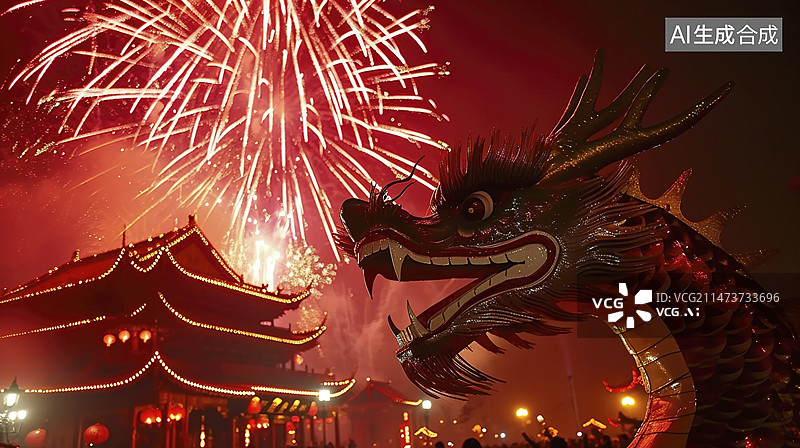 【AI数字艺术】中国新年除夕夜烟花舞龙活动图片素材