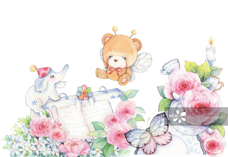 清新水彩手绘鲜花与卡通童话小动物系列小熊和跷跷板玩耍学习插画图片素材