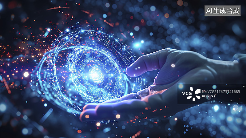 【AI数字艺术】手握螺旋星系科技粒子背景图片素材