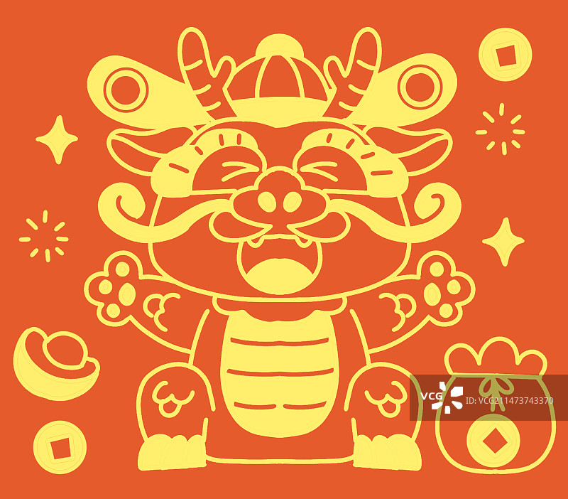 财神正面龙欢呼黄色描线红色背景插画图片素材