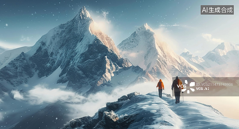【AI数字艺术】登山者带着登山设备登山。积极和危险的运动。爬上陡峭的岩石。山地景观。雪山上的登山运动员图片素材