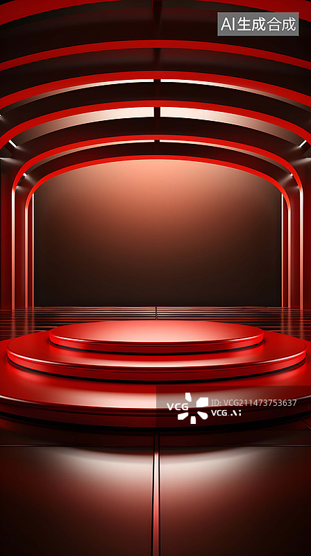 【AI数字艺术】竖幅红色背景下的春节年货中国商品展示台图片素材