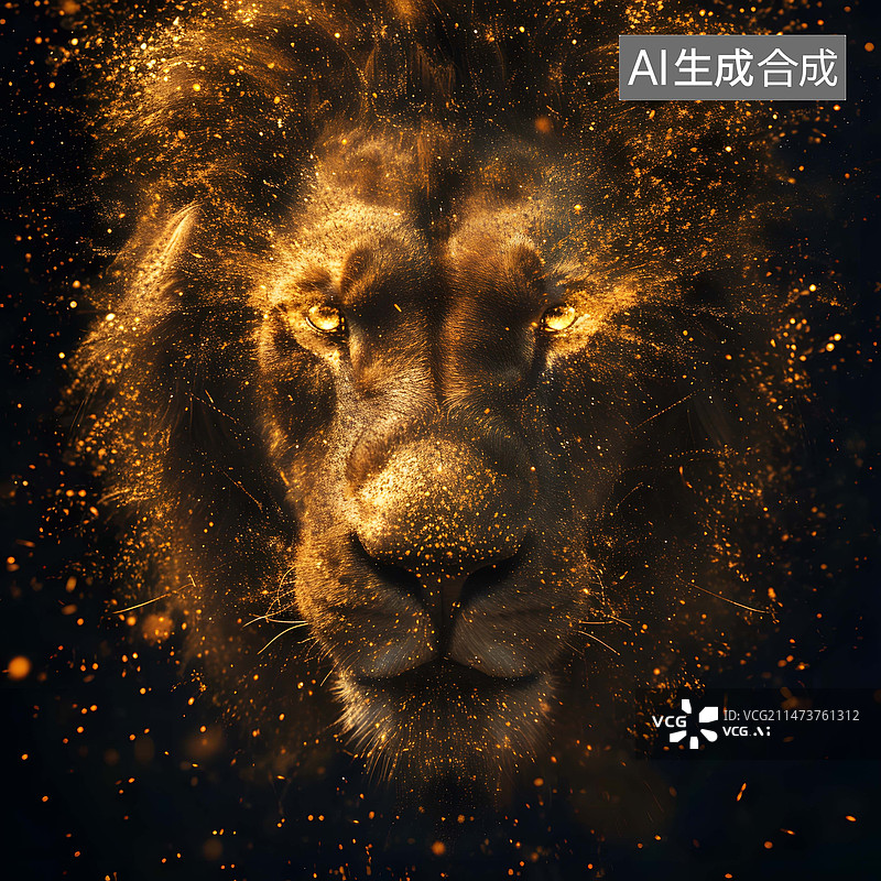 【AI数字艺术】发光概念图黑色背景下的金色狮子粒子光线图片素材