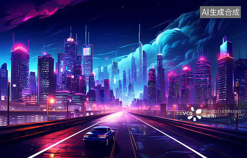 【AI数字艺术】赛博朋克城市夜景插画图片素材