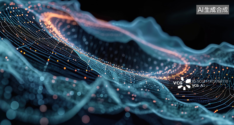 【AI数字艺术】抽象的未来波背景。网络连接点和线。数字结构。3d渲染。图片素材