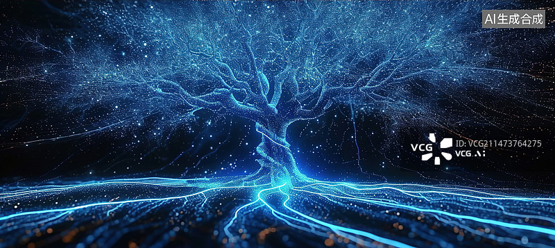 【AI数字艺术】3D生命树粒子线图形技术海报背景图片素材
