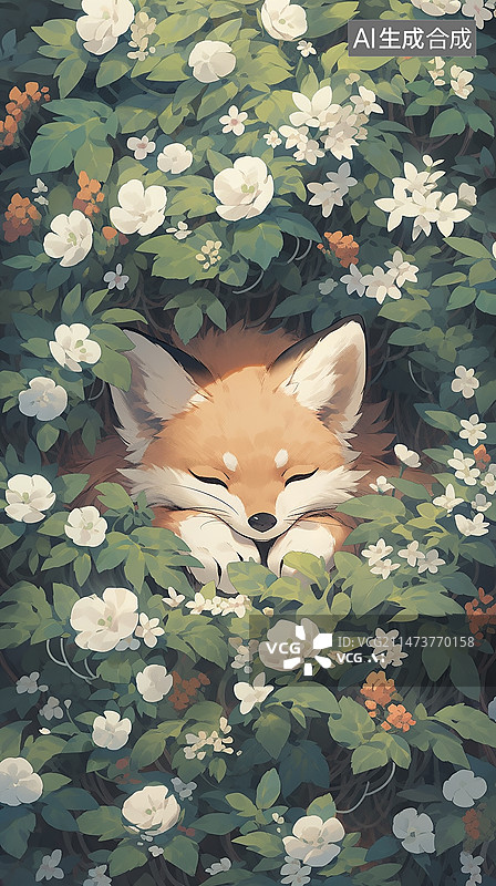 【AI数字艺术】躲在花丛的小狐狸儿童插画图片素材