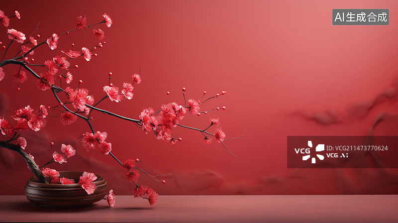 【AI数字艺术】红色花瓶和红色背景上的梅花图片素材