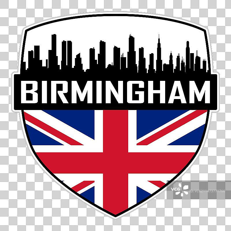 伯明翰天际线剪影英国国旗旅行徽章图片素材
