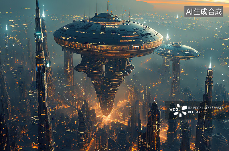 【AI数字艺术】鸟瞰城市全景日落时的城市天际线和图片素材