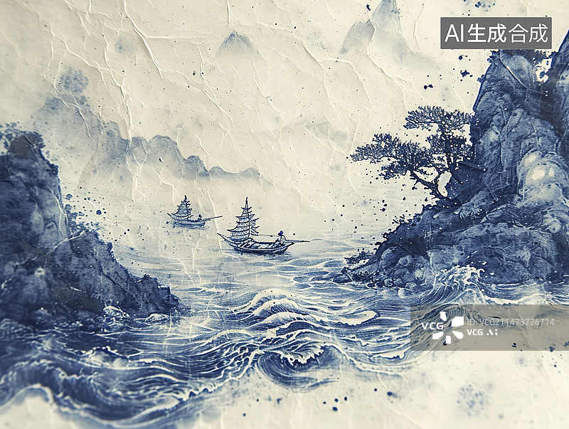 【AI数字艺术】水墨风复古山水帆船插画图片素材