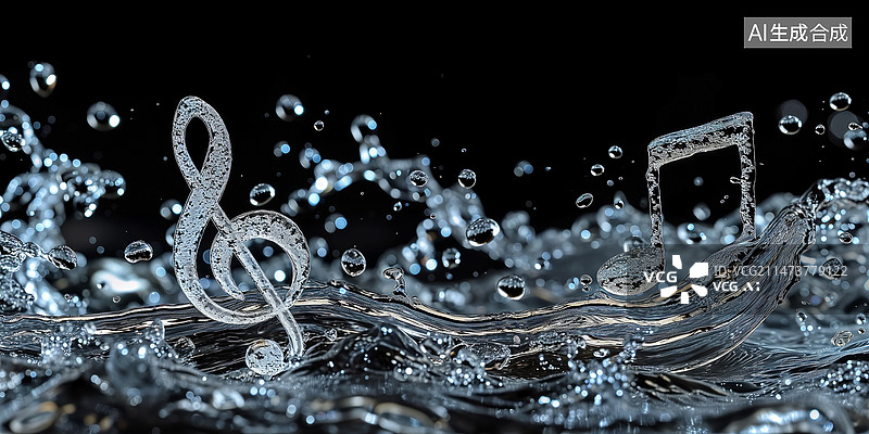 【AI数字艺术】插图，插画，海报，模版，元素，音乐，音符，跳动，跳动的音符，欢快，喜悦，摄影效果，透明，水，特写，图片素材