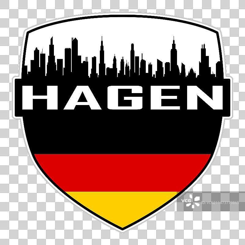 德国哈根天际线剪影旗帜旅行徽章图片素材