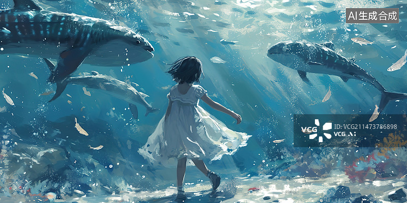 【AI数字艺术】在水族馆里游泳的女孩图片素材
